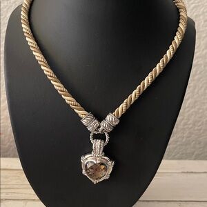 Judith Ripka Twisted Silk Cord Silver Smokey Quartz Heart Pendant Necklace.
